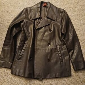 Sundance Brown Leather Double-Breasted Pea Coat